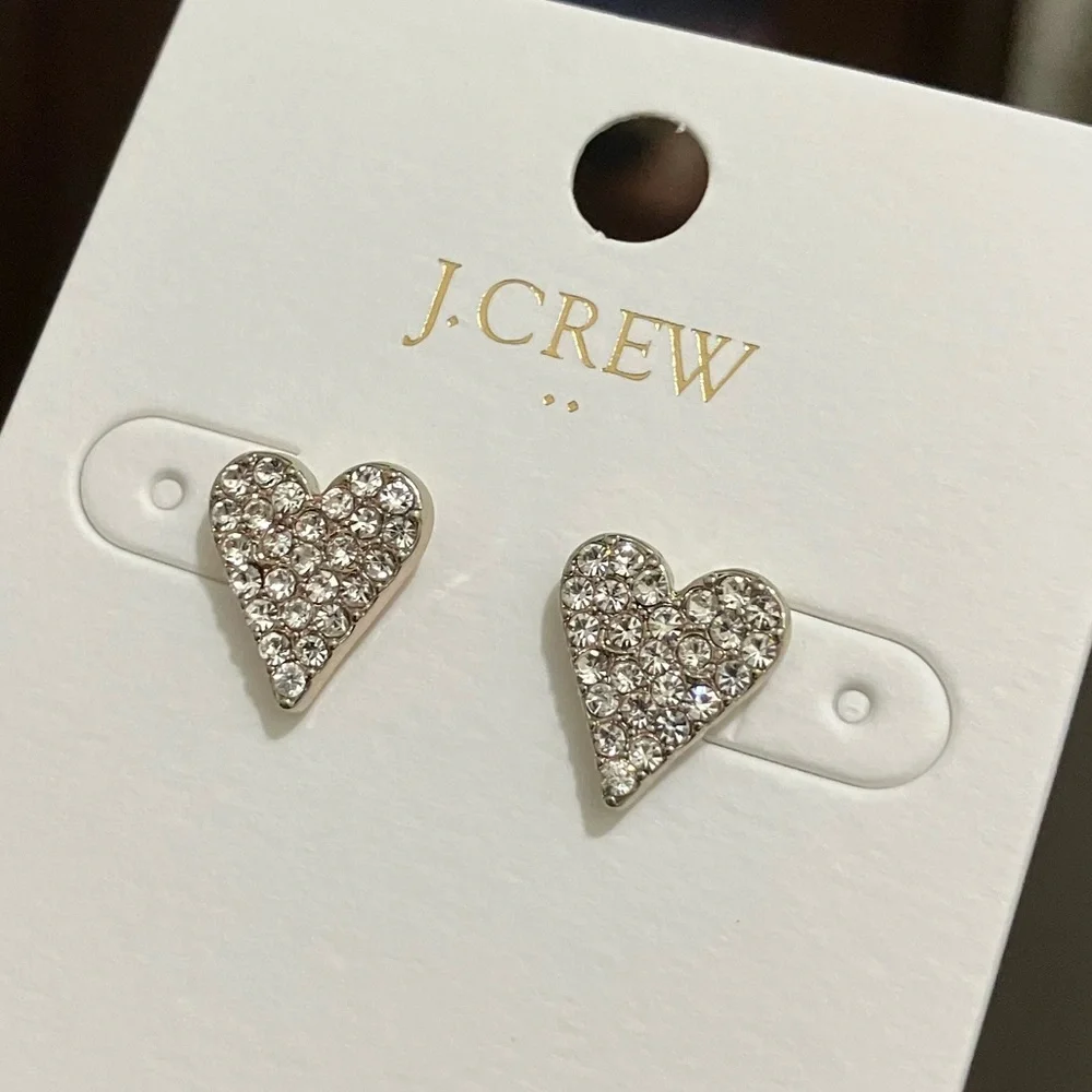 NWT J.Crew Pavé Crystal Heart Stud Earrings Valentine’s Day Pave J. Crew Factory